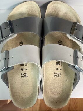 Birkenstock Two-Tone Silver and White Dual Strap Sandals